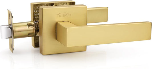 1 Pack Gold Keyless Square Levers Handles, Satin Brass Finish, Interior Passage Door Locksets for Hall Closet Door Knobs Lock Reversible Right & Left Handed