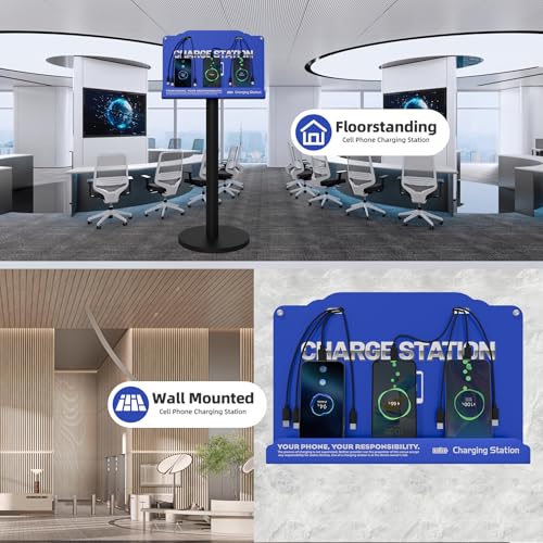 Floor Standing Cell Phone Charging Station with Fast Charigng Cables – 8 Device Charging Dock for Office, Hotel & Public Spaces | Compatible with iPhone ipad Smartphone Tablets Android Port (Blue)