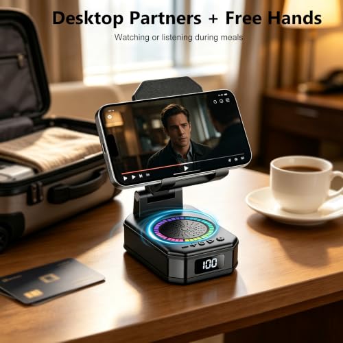 Gifts for Men Women, Cell Phone Stand with Wireless Bluetooth Speaker and Colorful LED Lights, 4-in-1 Multifunctional Phone Holder Support Fast Charging, Adjustable Desktop Stand, Best Gifts