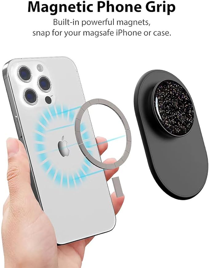 Magnetic Phone Grip for MagSafe, Phone Ring Holder Finger Kickstand Wireless Charging Compatible, Magnet Phone Rings Gripper Stand for iPhone Mag-Safe Accessories - Sky Sparkle Black