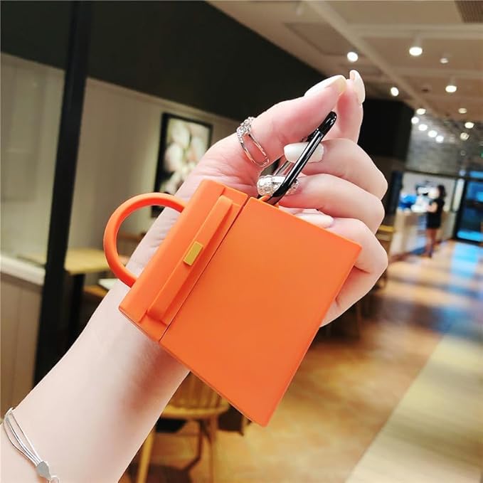 Case for AirPods 3rd, Girls Creative Fashion Mini Handbag Purse Case, Stylish Soft Silicone TPU Earphone Protection Charging Cover for AirPods 3rd +Hook -Orange