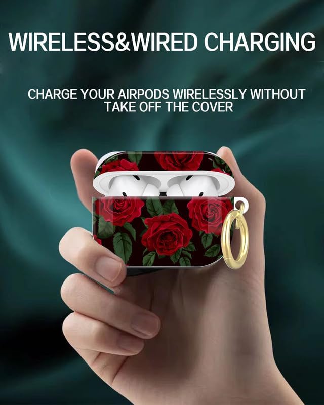Compatible with AirPod Pro 2nd/1st Generation Case Cover with Key Chain,Full Protective Shockproof Wireless Headphone Case for Airpod Pro 2023/2022/2019(Red Roses)