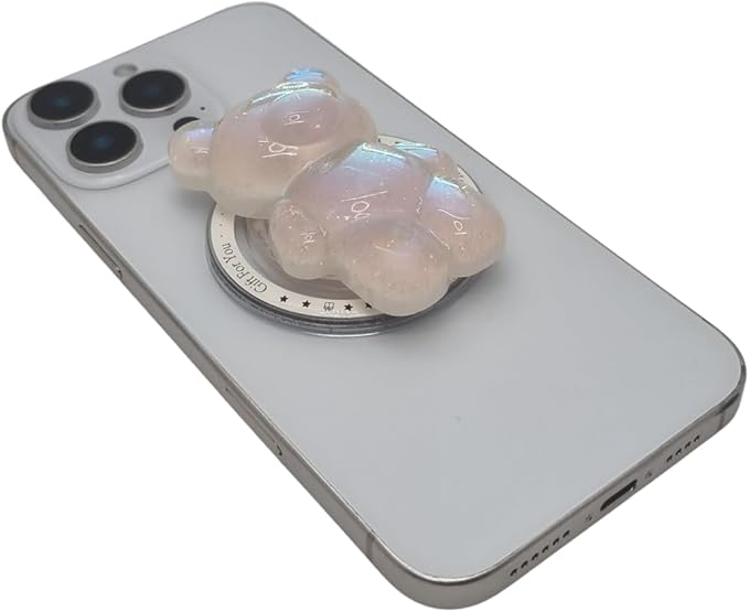 Cute Kawaii 3D Bear Phone Grip Stand, Iridescent Holographic Resin Cell Phone Holder & Kickstand, Compatible with iPhone, Samsung Galaxy, Android (Opal Pink)