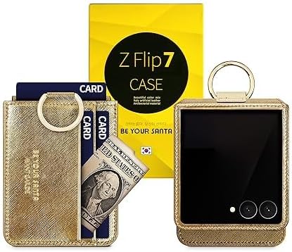 [BeYourSanta] Galaxy Z Flip 7 Case with Ring - Avant-Garde Handmade Saffiano Vegan Leather Case, Anti-Scratch Hinge Protection, Made in Korea (3 Pockets, Fortuna Gold)