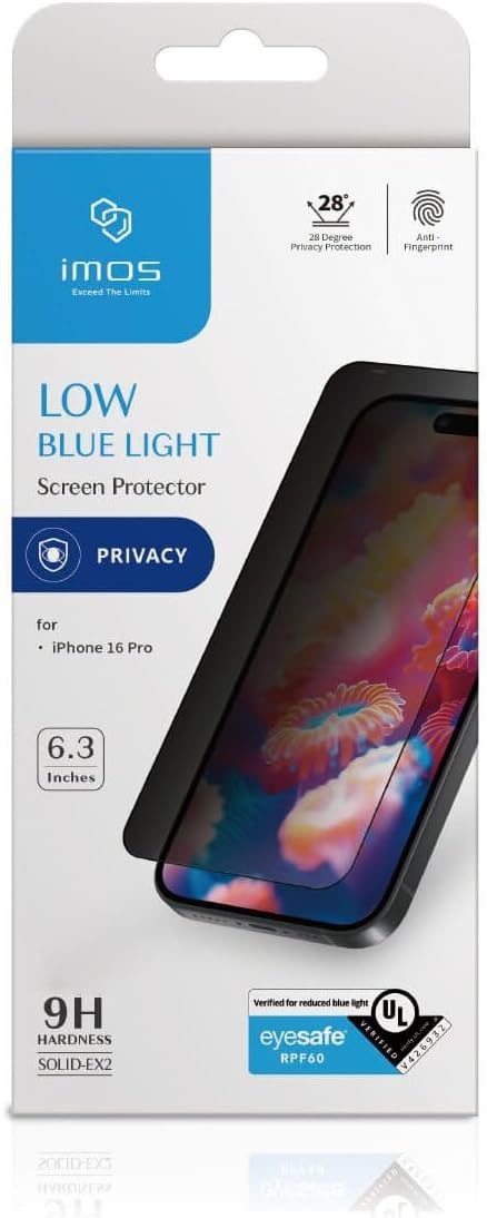 imos Screen Protector for iPhone 16 Pro, 2.5D Blue Light Block Black Border Privacy Screen Protector Tempered Glass, Durable and Drop-Resistant, Bubble Free, Easy Installation