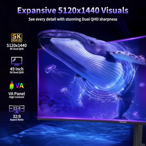 Deco Gear 49 Inch Curved Monitor, 5K2K Ultrawide WDQHD Screen 5120×1440, R1500, HDR400, 120Hz, 32:9 VA Panel, USB-C 65W PD, Adaptive Sync, PBP/PIP, KVM Switch, Built-in Speakers & Ergonomic Stand