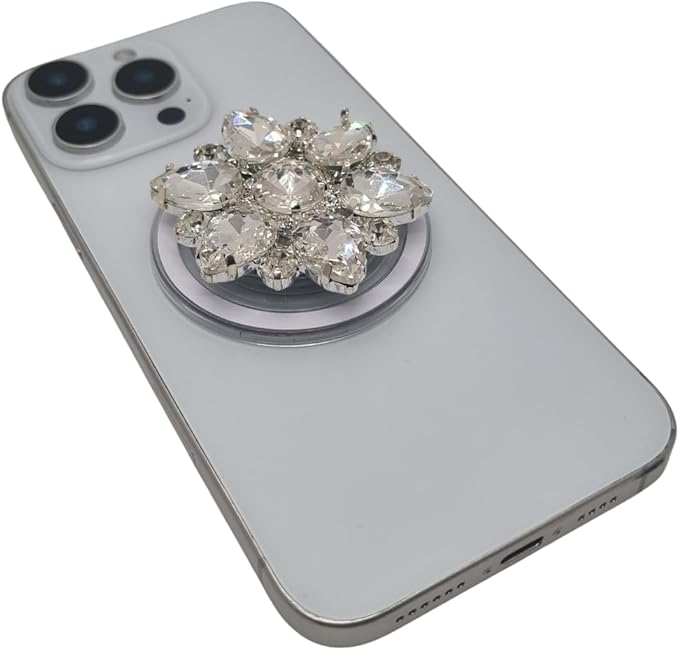 Magnetic Phone Grip Stand, Compatible with MagSafe, Adhesive Metal Ring Included for Non-MagSafe Cases, Expanding Holder and Kickstand, Pearl and Crystal Design (Radiant Crystal Bloom)
