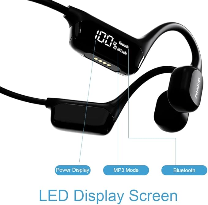 AYI Swim Headphones True Bone Conduction Open Ear Headset LED Screen Power Indicator Underwater MP3 Player Built-in 32G Memory IP68 Waterproof Bluetooth Earphone for Sport Running-S10 White