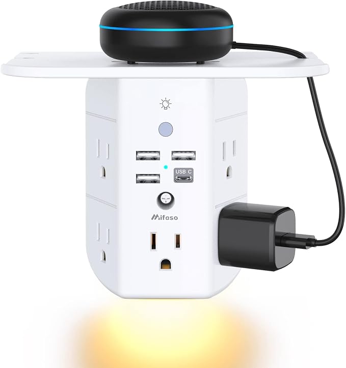 Mifaso Outlet Extender with Shelf and Night Light, 1800J Surge Protector