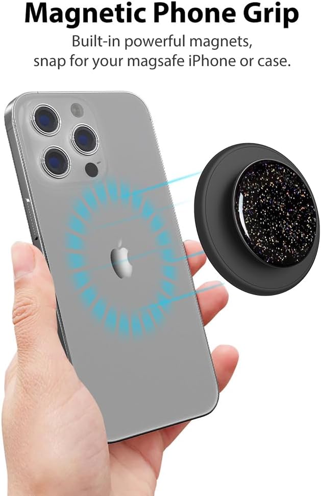 Magnetic Phone Grip Compatible with MagSafe,Magnetic Phone Ring Holder Finger Kickstand Wireless Charging Compatible,Adjustable Phone Rings Gripper Stand for MagSafe iPhone -Sky Sparkle Black