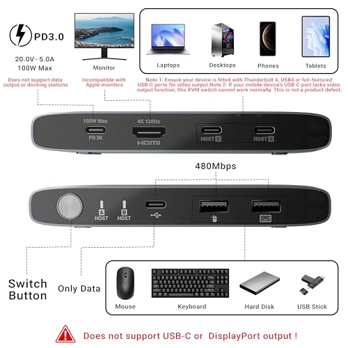MINIX K1 USB C KVM Switch 1 Monitors 2 Computers, 4K@120Hz HDR, 100W PD 3.0, Dual USB-C Input KVM Switches, Share Keyboard & Mouse, Aluminum Design, Compatible with Windows, Mac, Linux, Android - Image 6