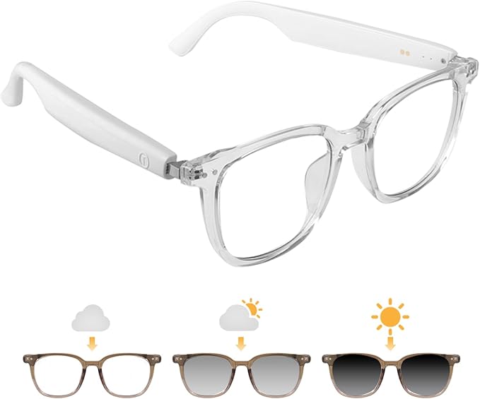 Smart Glasses for Women Men, Bluetooth Glasses with Photochromic Lenses Touch Control Voice Assistant for Clear Audio Remote Photography, Transparent frame and white legs, Perfect for Indoor Outdoor