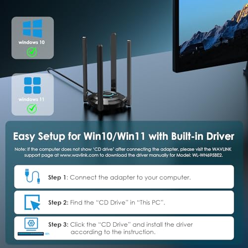 WAVLINK BE6500 USB WiFi 7 Adapter for Desktop PC, Tri-Band PC WiFi Adapter