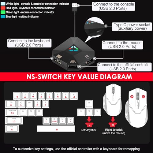 Keyboard and Mouse Adapter for Nintendo Switch, Wired Keyboard and Mouse Converter for PS4 PS3 Xbox ONE/360 Console Series Converter, Custom Mapping, 8 Keys Storage, Reset Button, FPS, TPS, RPG Games