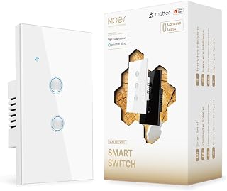 MOES Matter Wi-Fi Smart Light Switches Touch Glass Design, Needs Neutral Wire, Single Pole, 2.4GHz, Remote & Voice Control with Alexa, Google Home & Siri, Supports Timer and Schedule, White 2 Gang