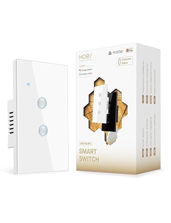 MOES Matter Wi-Fi Smart Light Switches Touch Glass Design, Needs Neutral Wire, Single Pole, 2.4GHz, Remote & Voice Control with Alexa, Google Home & Siri, Supports Timer and Schedule, White 2 Gang