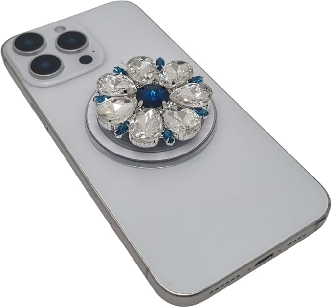 Magnetic Phone Grip Stand, Compatible with MagSafe, Adhesive Metal Ring Included for Non-MagSafe Cases, Expanding Holder and Kickstand, Pearl and Crystal Design (Midnight Sapphire Bloom)