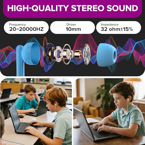 100 Pack Bulk Earbuds for Kids Classroom School Library,Individually Bagged,Wholesale Students Wired in Ear Earphones with 3.5 mm Jack for Computer Chromebook Laptop PC (HTC003,Mixed Colors)