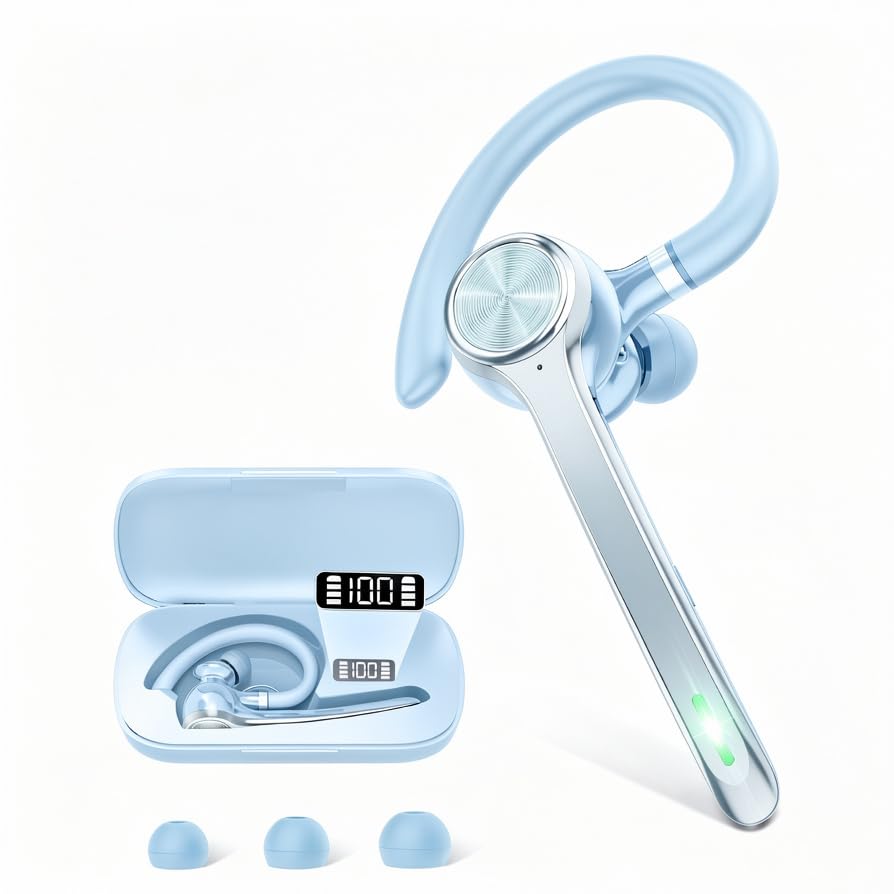 HEIBAS Bluetooth Headset, Wireless Earpiece with Mic for Work Light Blue