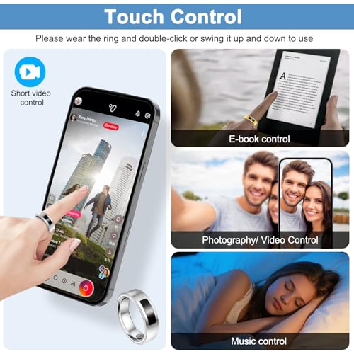 uaue Smart Health Ring for Women Men, Vibration Alert, Touch Control, Fitness Tracker Ring with Sleep/Women's Health/Heart Rate/Steps, IP68 Waterproof for iPhone and Android, Silver 10,No Subscription