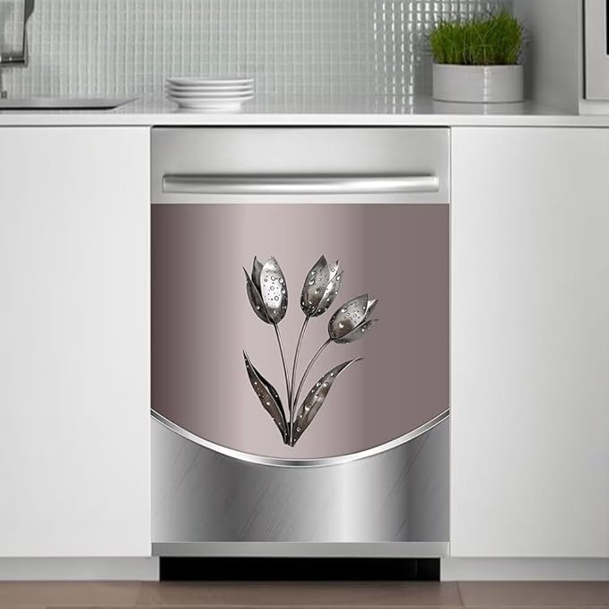 Generic Dishwasher Metal Texture Cover Magnetic Decor, Metallic Flowers,Polished Dishwasher Magnet Cover 23x26inch, Home Panel Decal Pink Stainless Steel Style Sticker, Rimyy111-4