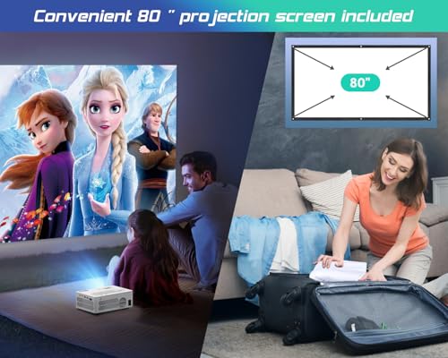 TMY Native 1080P Projector with WiFi and Bluetooth, with 80in Screen