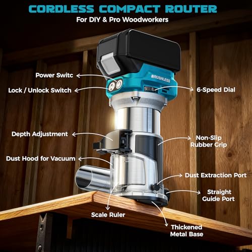 Cordless Router Tool Compatible with Makita 18V Battery(Tool Only), 800W Brushless Wood Router, 6-Speed Control, Depth Adjustment, Edge & Roller Guide, Router Bits Included