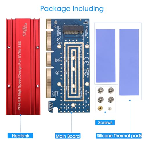 NVMe PCIe Adapter, RIITOP M.2 NVMe to PCI-e 5.0 x4/x8/x16 Card with Heat Sink for M.2 (M Key) SSD 2280/2260/2242/2230 [Upgraded]