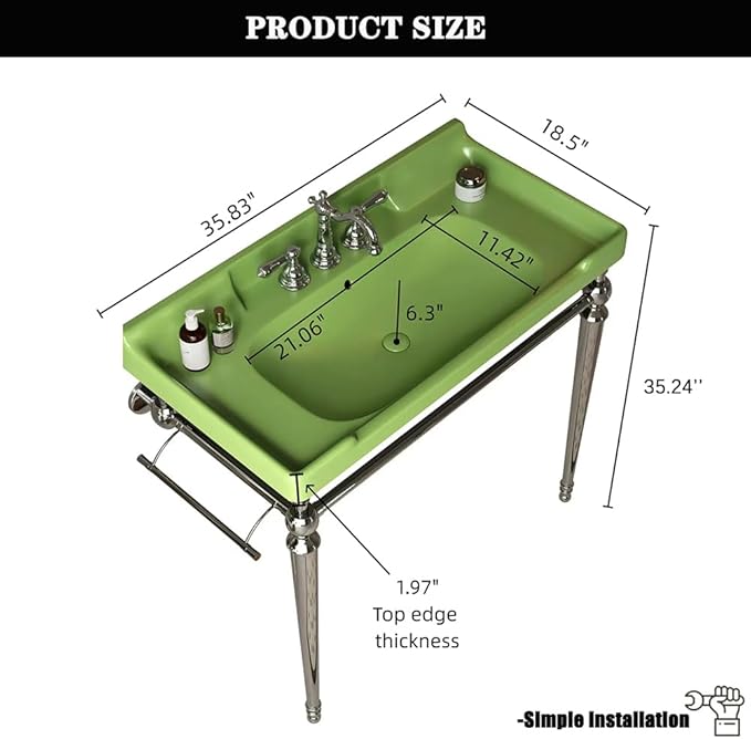 36" Bathroom Console Sink, Wall-Mounted Green Ceramic Vanity Basin with 3 Pre-drilled Faucet Holes, Freestanding Chrome Stainless Steel Support Legs with Towel Bar, No Faucet - Rome, Green