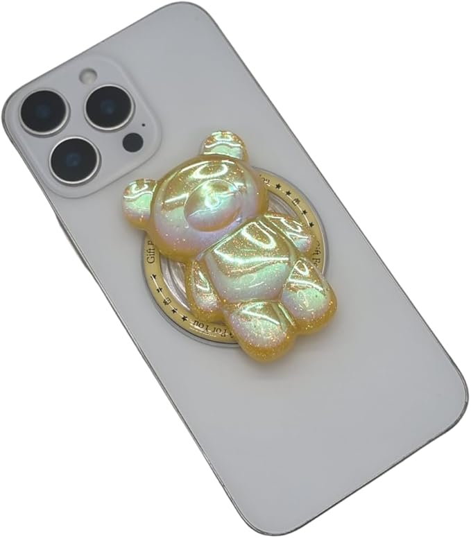 Cute Kawaii 3D Bear Phone Grip Stand, Iridescent Holographic Resin Cell Phone Holder & Kickstand, Compatible with iPhone, Samsung Galaxy, Android (Honey Gold)