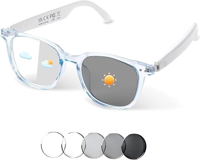 Smart Glasses for Women Men, Bluetooth Audio Glasses with Color-Changing Lenses, Open Ear Sound Speakers, Magnetic Charging, Voice Assistant, Music/Calls, Blue Light Glasses for Working Travel (Blue)