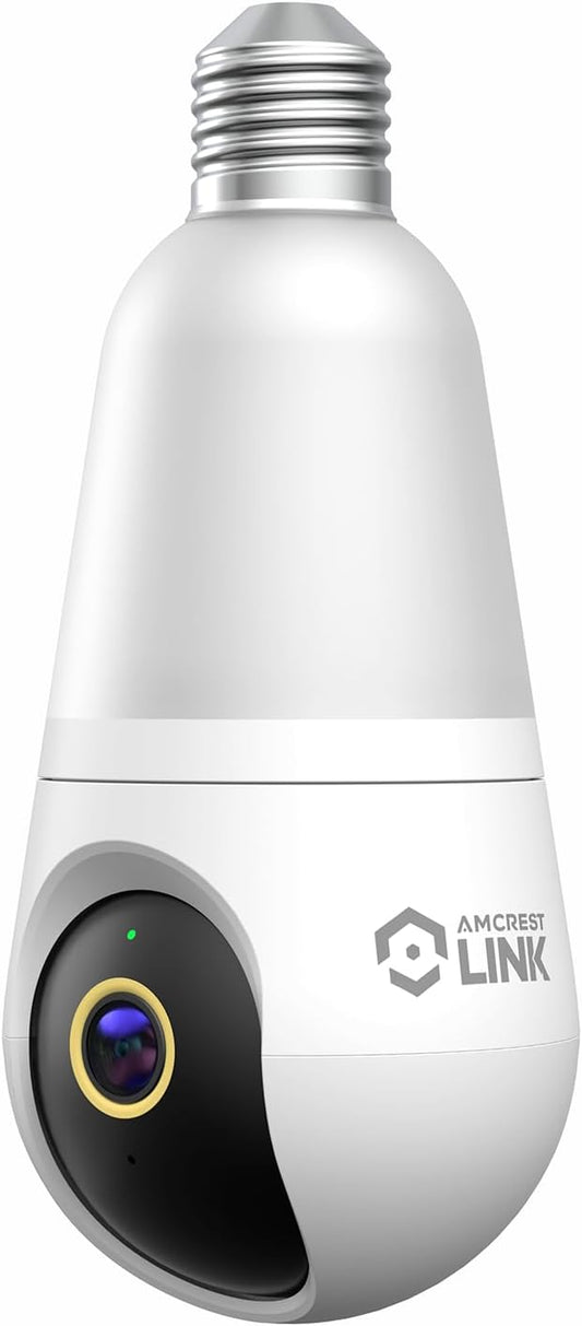 Amcrest Link 4MP Light Bulb WiFi Indoor/Outdoor Camera, Human Detection, 90.5° FOV, Pan/Tilt, IP45, AI Night Color, 2.4GHz/5GHz Dual Band Camera, Supports MicroSD Storage up 128GB