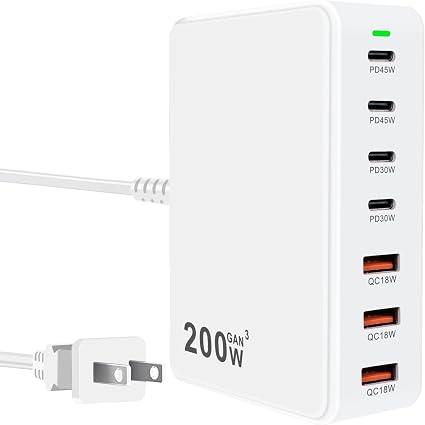 USB C Charger Station 200W PD QC3.0 GaN Fast Charging Block 7 Port (White) - Image 4