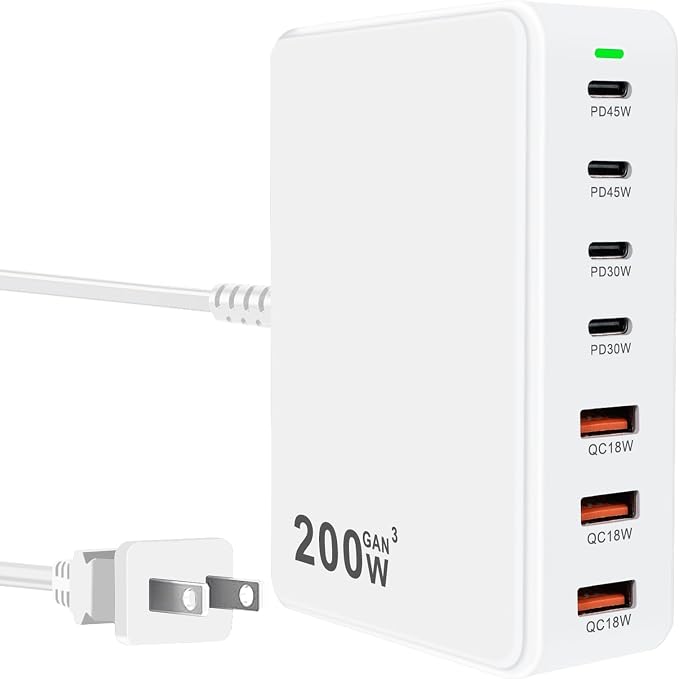 USB C Charger Station 200W PD QC3.0 GaN Fast Charging Block 7 Port (White) - Image 8