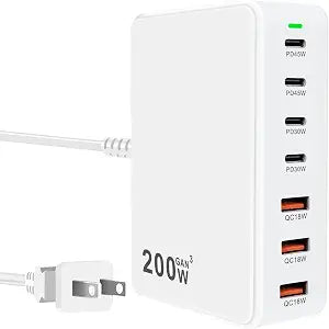USB C Charger Station 200W PD QC3.0 GaN Fast Charging Block 7 Port (White) - Image 1