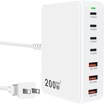 USB C Charger Station 200W PD QC3.0 GaN Fast Charging Block 7 Port (White) - Image 2