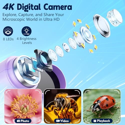Odatay 2.4" 4K 1000X Digital Kids Microscope with 32G Card 12 Slides Purple