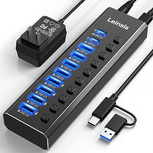 Powered USB Hub 3.2, LEINSIS 10-Port USB 3.2/USB C Hub (10Gbps USB-A 3.2 +2 USB-C 3.2 +7 USB 3.0 Ports) with Individual On/Off Switches and 12V Power Adapter, Aluminum USB Hub Powe - Image 2