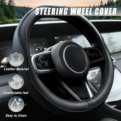 6 PCS Car Accessories Set, 14.5-15 Inch Car Steering Wheel Cover, Armrest Cover, Seat Belt Cushion, Cup Coaster, Interior Auto Accessories for Men Women, Fit for Most Vehicles (Black)