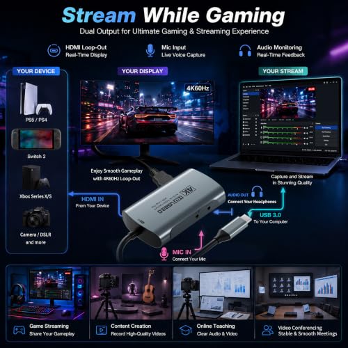 Guermok 4K@60FPS Capture Card for Streaming, 2K@120FPS USB3.0 HDMI Capture