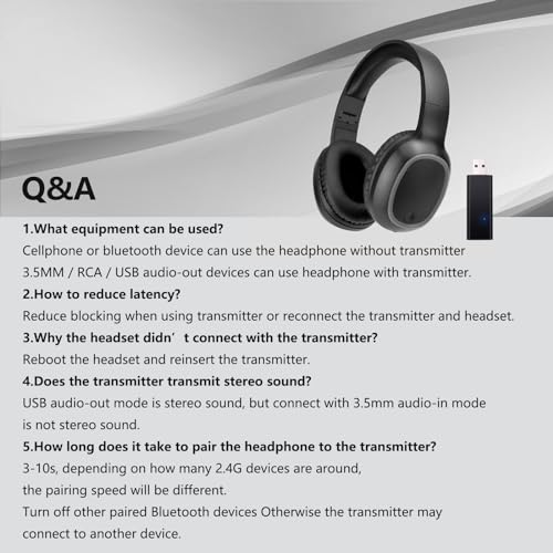 Bluetooth Headphones for TV & PC with USB Transmitter & 3.5mm(Black)