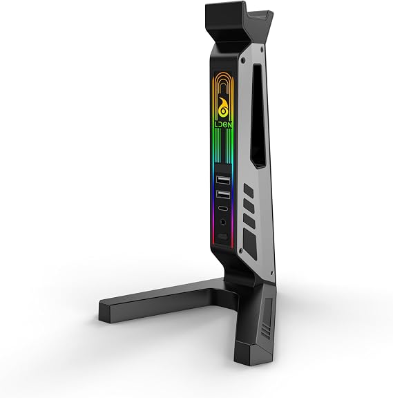 LDON RGB Headphone Stand with Two USB Charging Ports Desktop Gaming Headset Holder Hanger with one Type-C Data Port and 3.5mm Jack and 11 Lighting Modes Suitable for Gaming and Gamer Gifts for Men