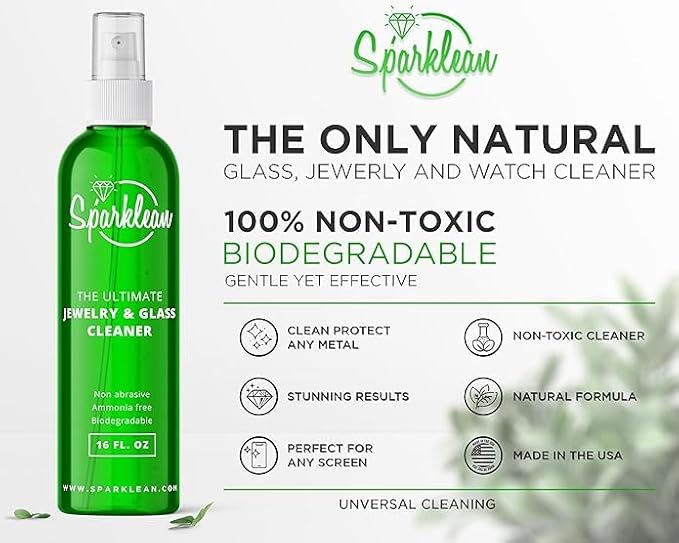 SPARKLEAN Jewelry & Glass Cleaner Spray (8 Oz) - Biodegradable, Ammonia-Free Solution for Gold, Silver & Diamond Rings - Safe for All Metals & Gemstones - Eco-Friendly - Everyday Size