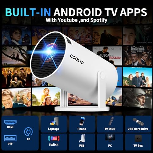 [Built-in Apps & 2026 Upgraded] Mini Projector Support 4K 1080P Auto Keystone 180° Rotatable with WiFi 6 and Bluetooth 5.4, Projector Portable Compatibile with HDMI/TV Stick/Memory Stick/Laptop-White