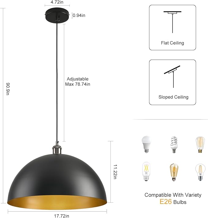 Black Dome Pendant Lights Kitchen Island, 17.72 Inch Black and Gold Pendant Light, Large Vintage Industrial Metal Farmhouse Pendant Light Fixture for Kitchen Island, Dining Room, Cafe, Bar, 2 Pack