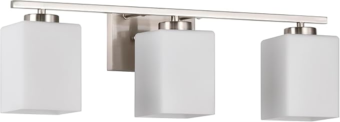 Edvivi Bathroom Light Fixtures, 3-Light Modern Brushed Nickel Vanity Light Over Mirror, Wall Sconces with Square White Glass Shades for Living Room, Bedroom, Hallway, E26 Base