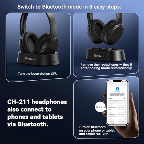 Swiitech Wireless Headphones for TV Watching with Charging Dock, 45H Playtime, Bluetooth 5.3, Clear Voice, No Audio Delay, Plug & Play Over-Ear Headset for Seniors
