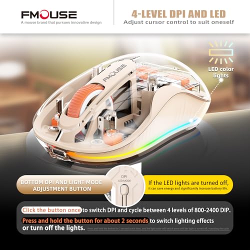 FMOUSE Transparent Wireless Mouse, Tri-Mode Bluetooth & 2.4GHz, Cream