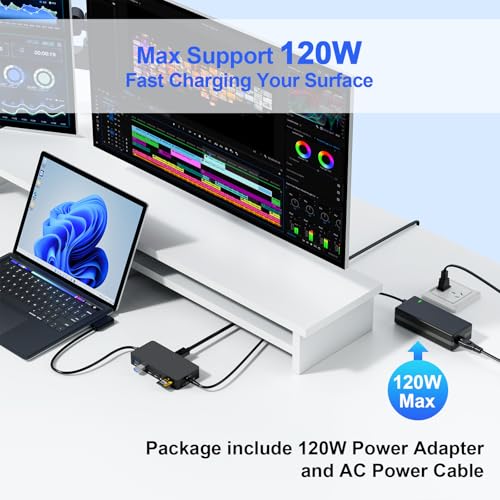 Surface Dock Triple Displays 4K HDMI+DP+Thunderbolt 4, 12 in 1 Surface Docking Station with 120W Power Adapter for Surface Pro 12/11/10/9/8/X/7/6/5, Surface Book Go, Surface Laptop, Surface Go Dock