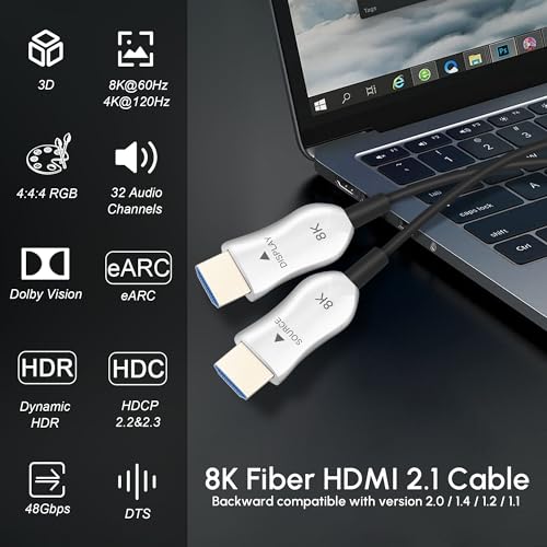 8K Fiber Optic HDMI 2.1 Cable 15ft/5m, Long Active HDMI Cable, High Speed Fiber HDMI Cord, 48Gbps, 8K@60Hz 4K@120Hz, Dynamic HDR, eARC, HDCP 2.2&2.3, 3D, for HDTV Monitor Game Laptop Xbox PS4/PS5